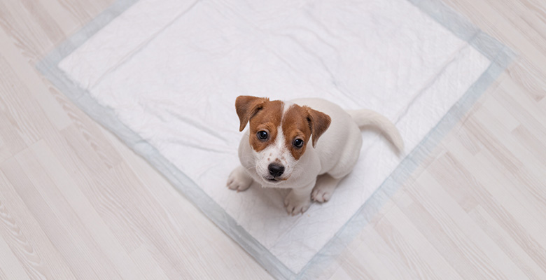トイレシートの上で飼い主を見つめている犬