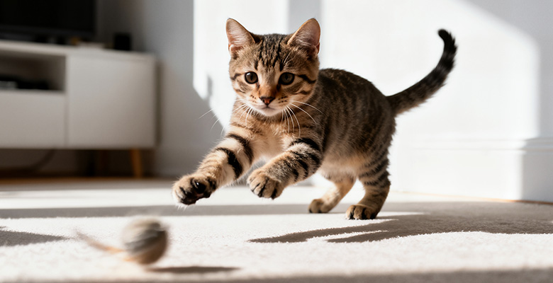 動くボールのおもちゃで遊ぶ猫