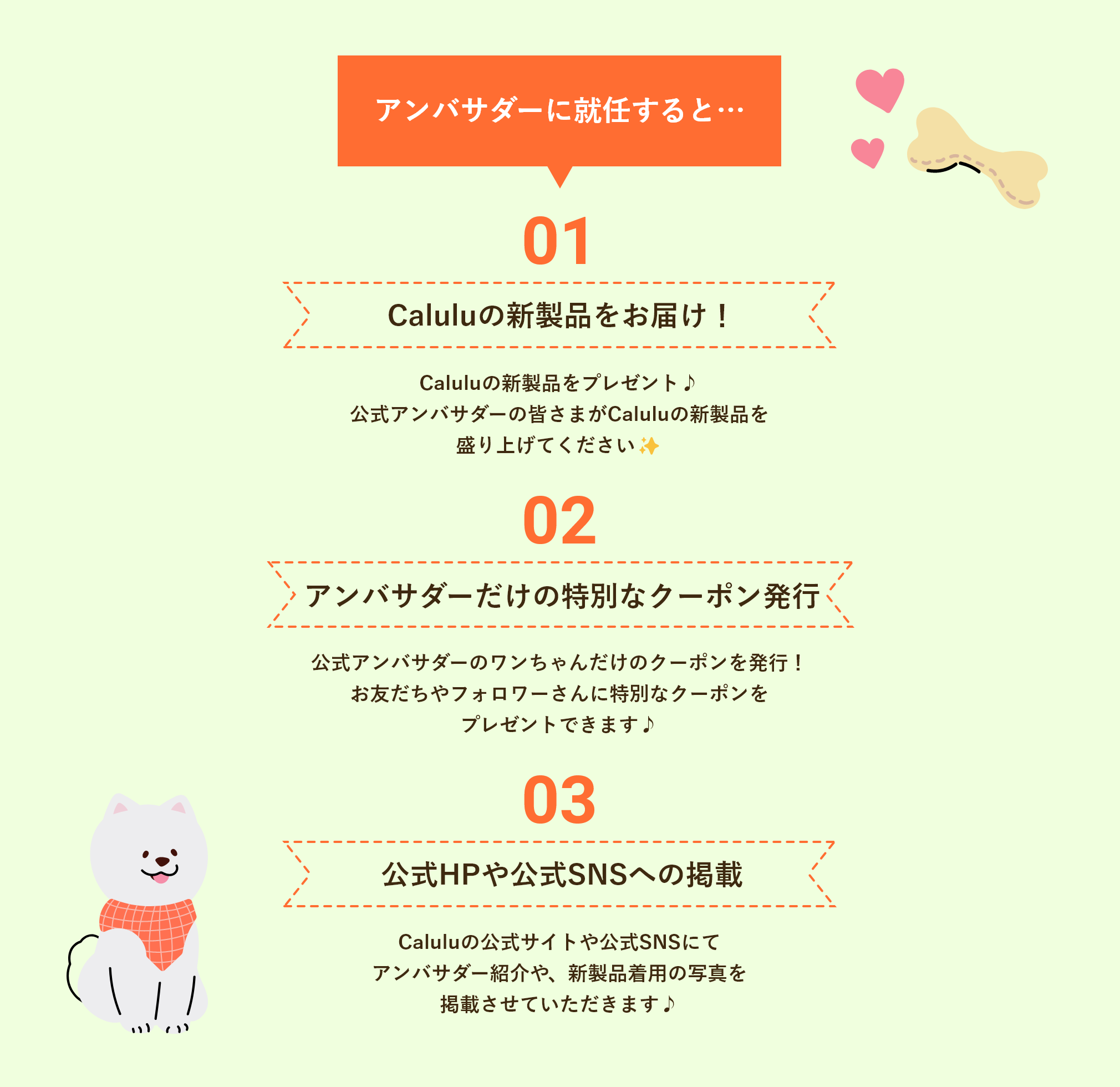 アンバサダーに就任すると…Caluluの新製品をいち早くお届け! アンバサダーだけの特別なクーポン発行 公式HPや公式SNSへの掲載