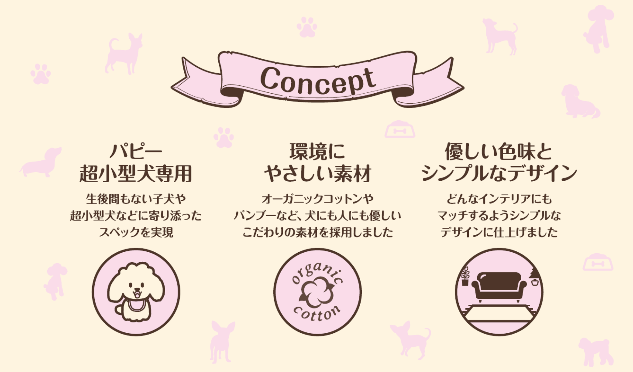 CONCEPT パピー超小型犬専用、環境に優しい素材、優しいシンプルなデザイン