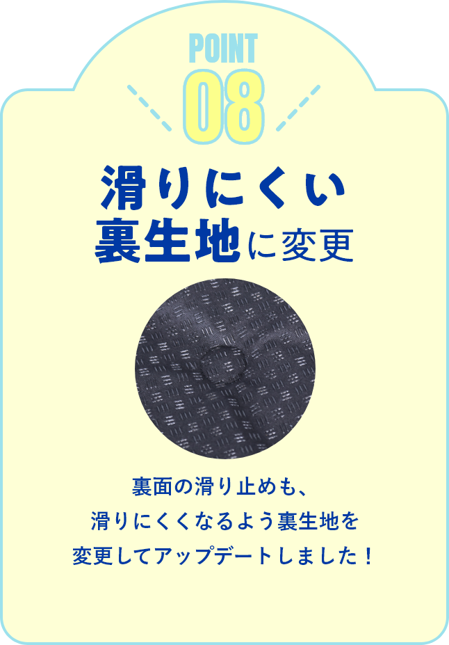 滑りにくい裏生地に変更。裏面の滑り止めも、滑りにくくなるよう裏生地を変更してアップデートしました！　