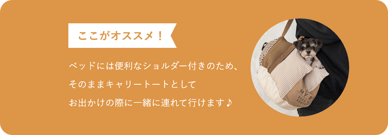 ここがオススメ ベッドには便利なショルダー付きのため、そのままキャリートートとしてお出かけの際に一緒に連れて行けます♪