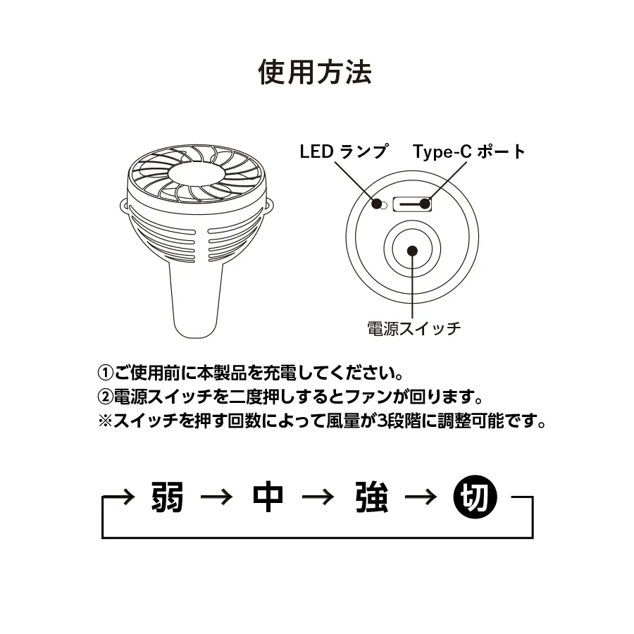 【クールグッズ】クリップミニハンディファン（くり返し使えるUSB充電タイプ）